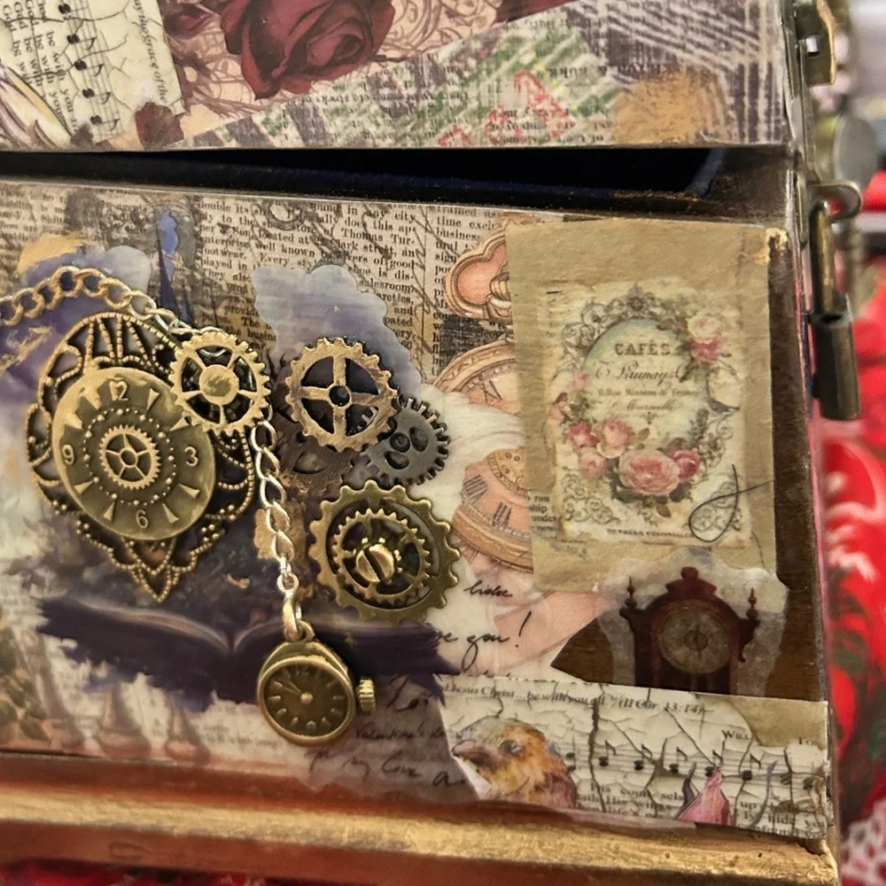 Steampunk Jewelry Box #3 Handmade Vintage Victorian Gear Decor Blue Velvet int